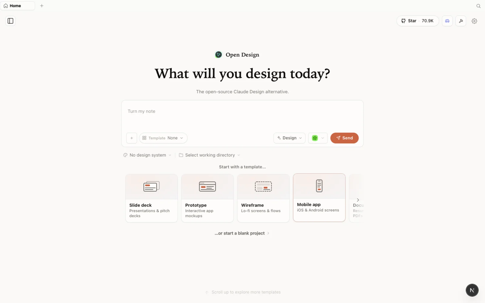 L'area di lavoro di Open Design — ciò che trovi dopo l'installazione.
